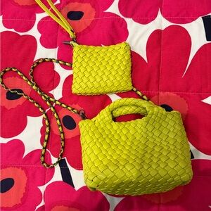 Neon Lime Woven Crossbody with separate Coin Pouch vegan